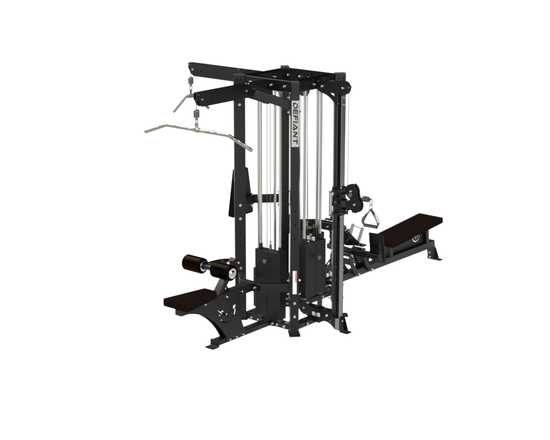 Rear angle of the Defiant Strength MS-4 multi-station gym system.