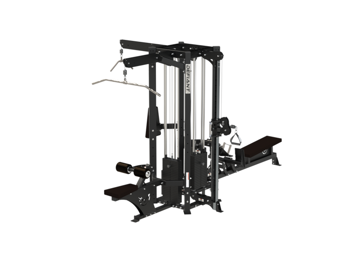 Rear angle of the Defiant Strength MS-4 multi-station gym system.