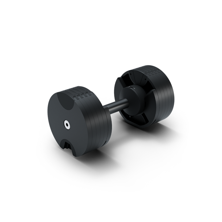 Matrix 50 lb dumbbell pair with hex design and ergonomic grip for controlled strength training exercises