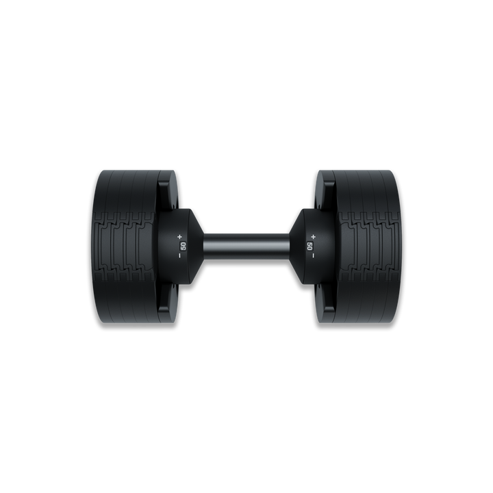 Top down view of Matrix 50 lb dumbbell showing hex shape and textured grip for controlled strength training exercises