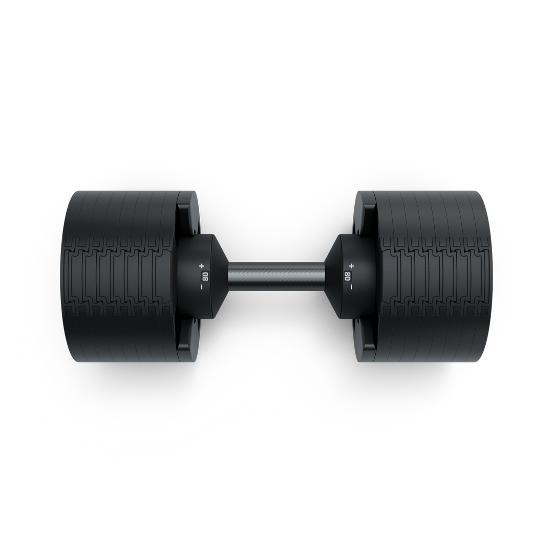 Top down view of Matrix 80 lb dumbbell showing hex shape and textured grip for controlled strength training exercises