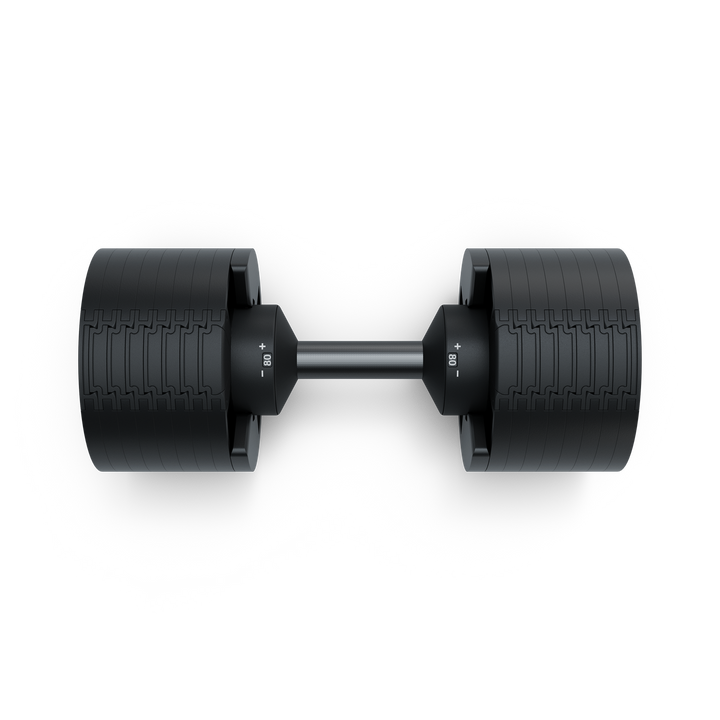 Top down view of Matrix 80 lb dumbbell showing hex shape and textured grip for controlled strength training exercises