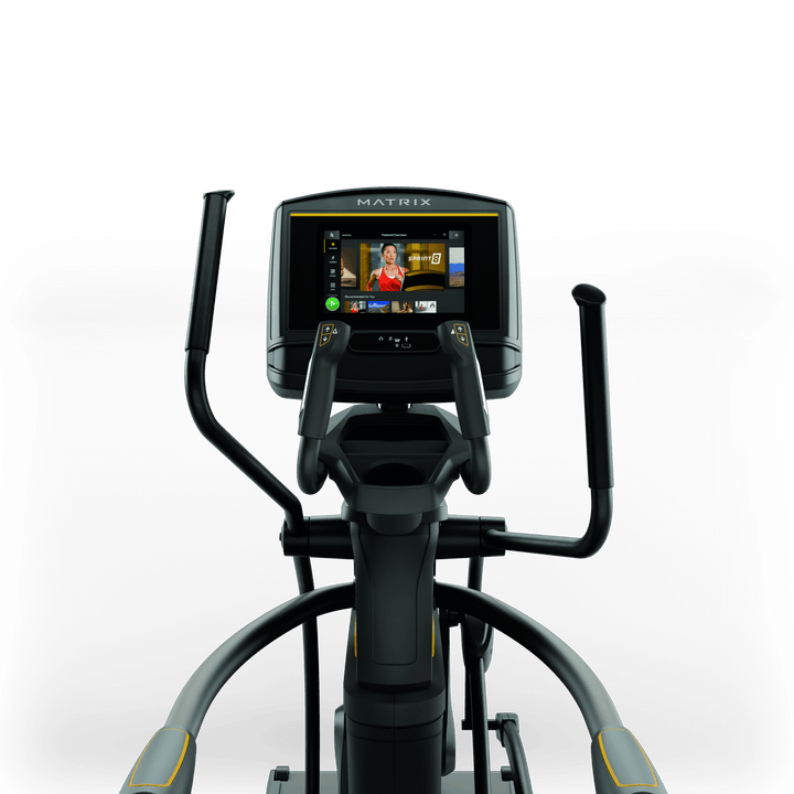 Front view of Matrix A30 Ascent Trainer with XER console showing workout metrics and ergonomic handlebar design