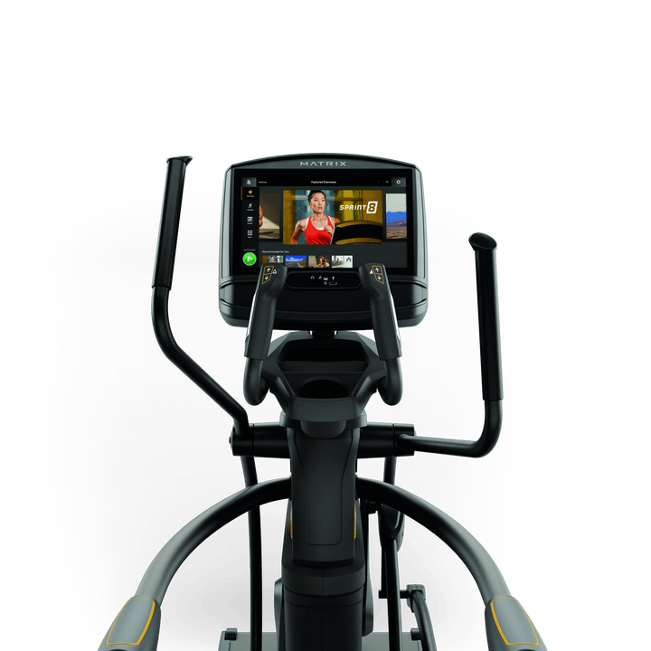 Front view of Matrix A30 Ascent Trainer with XIR touchscreen console showing workout programs and ergonomic handlebar design