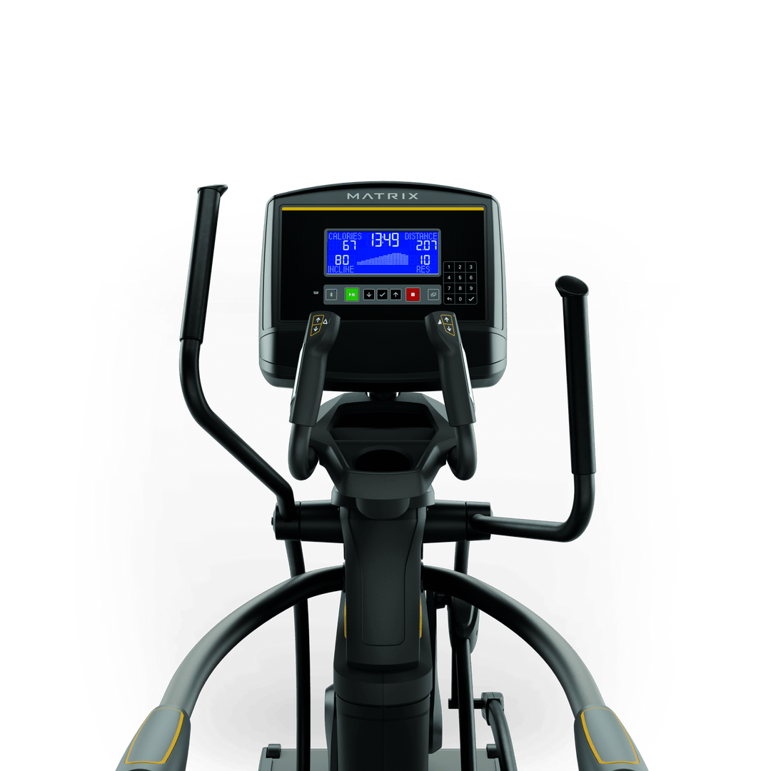 Front view of Matrix A30 Ascent Trainer with XR LED console showing workout metrics and ergonomic handlebar design