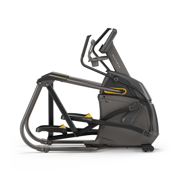 Side profile of Matrix A30 Ascent Trainer with XR console showing incline motion system and compact cardio design