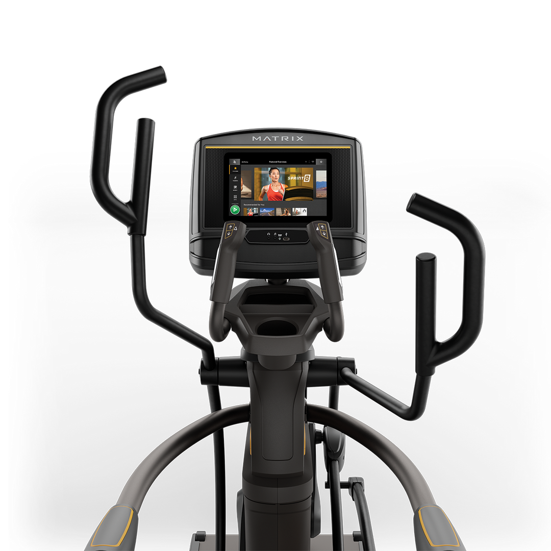Front view of Matrix A50 Ascent Trainer with XER console showing workout metrics and ergonomic handlebar design
