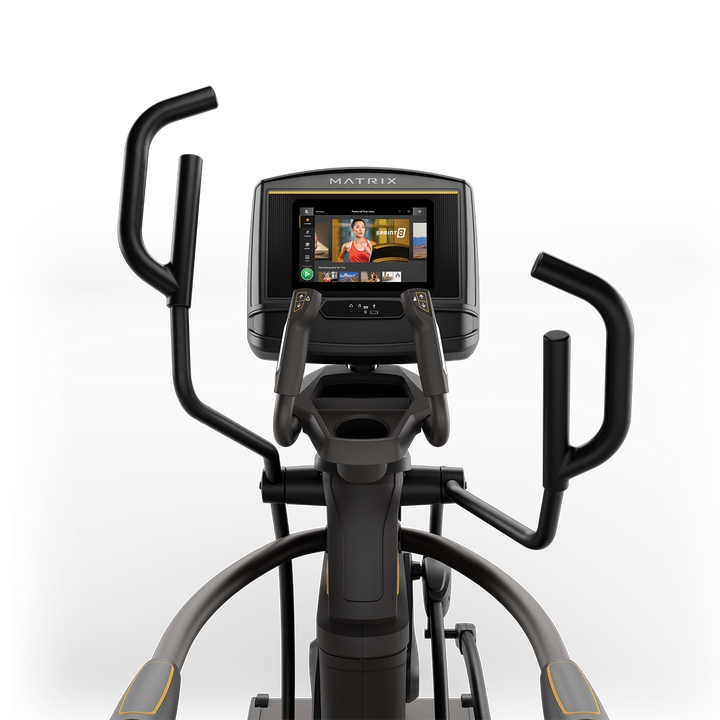 Front view of Matrix A50 Ascent Trainer with XER console showing workout metrics and ergonomic handlebar design
