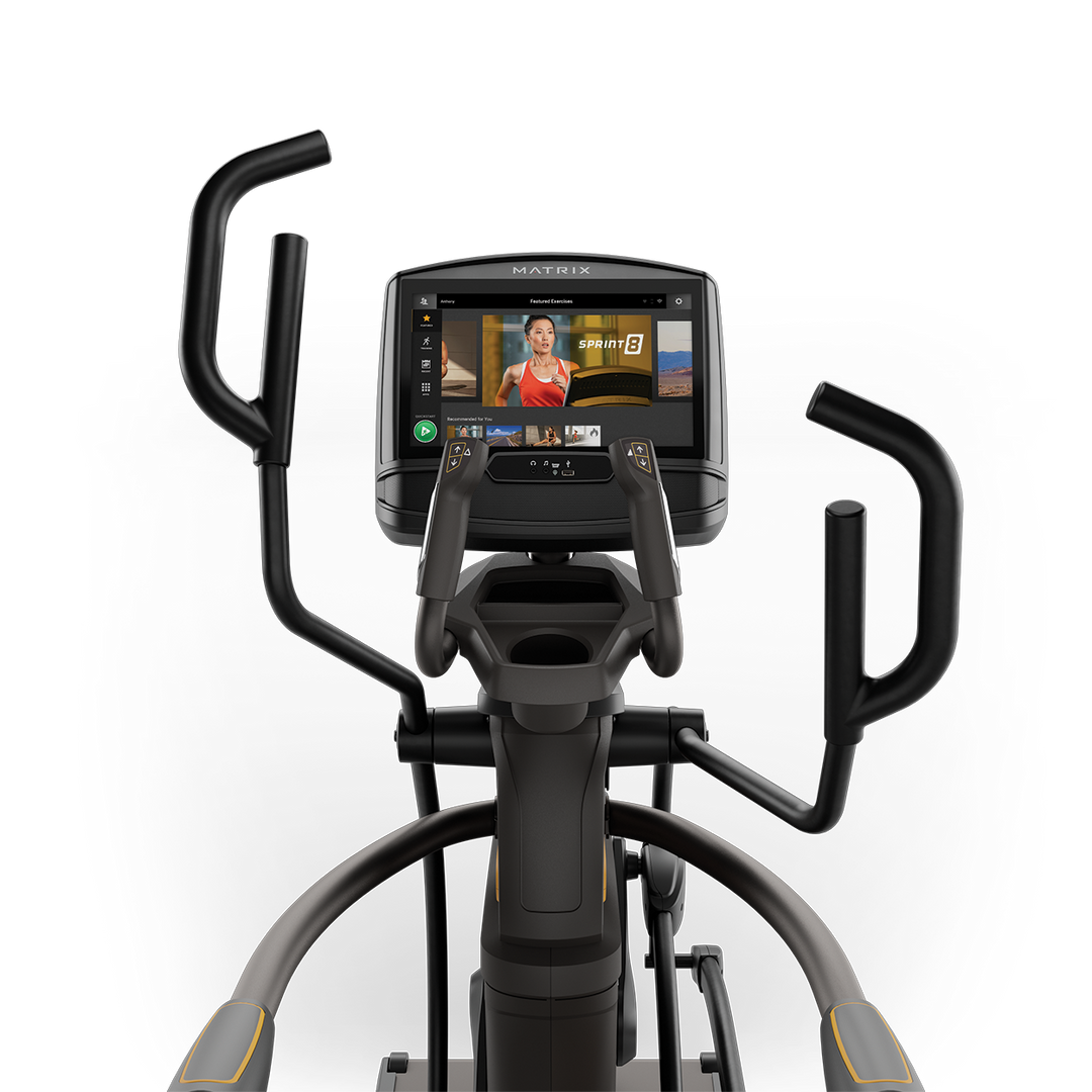Front view of Matrix A50 Ascent Trainer with XIR touchscreen console showing workout metrics and ergonomic handlebar design