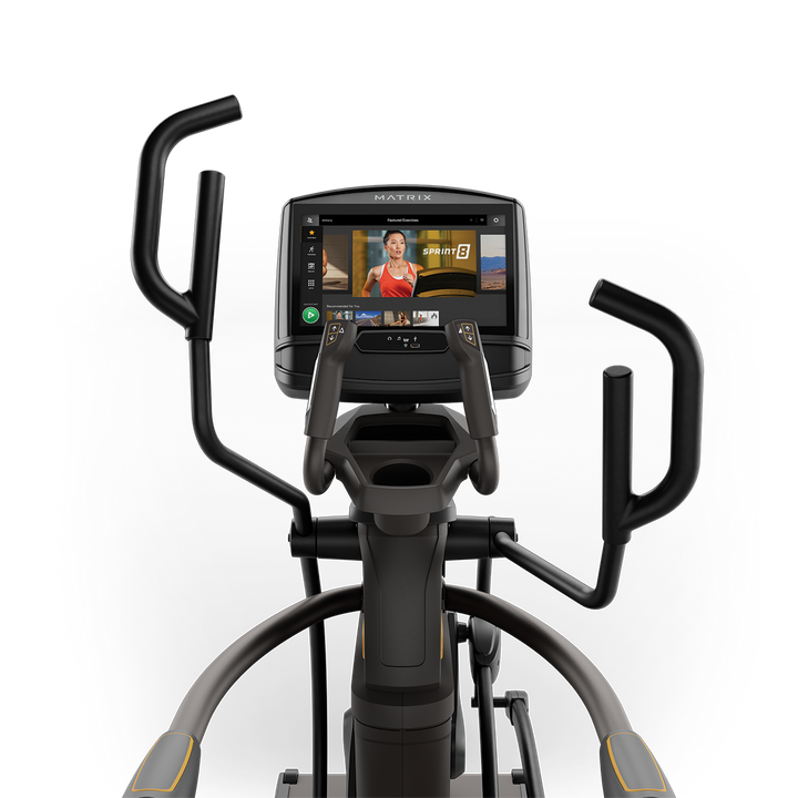 Front view of Matrix A50 Ascent Trainer with XIR touchscreen console showing workout metrics and ergonomic handlebar design