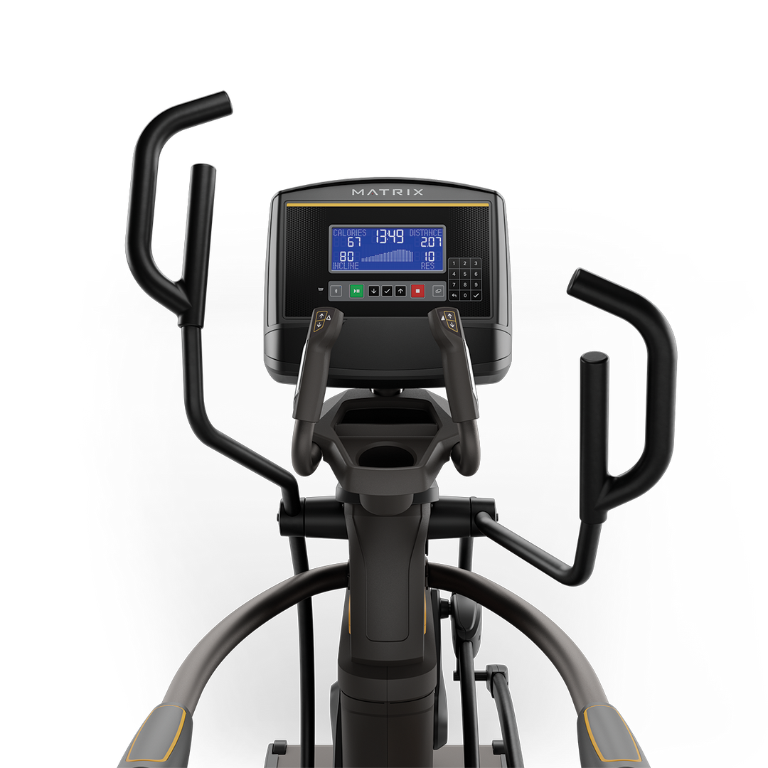Front view of Matrix A50 Ascent Trainer with XR LED console showing workout metrics and ergonomic handlebar design