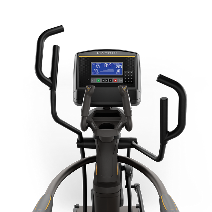 Front view of Matrix A50 Ascent Trainer with XR LED console showing workout metrics and ergonomic handlebar design