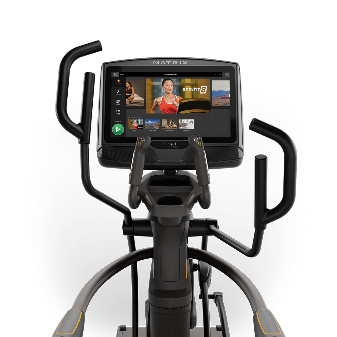 Front view of Matrix A50 Ascent Trainer with XUR touchscreen console showing workout metrics and ergonomic handlebar design