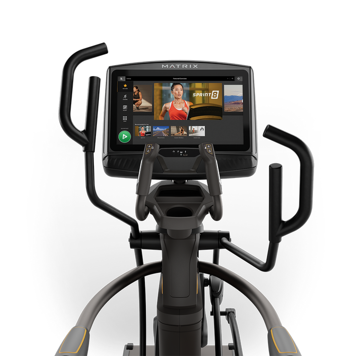 Front view of Matrix A50 Ascent Trainer with XUR touchscreen console showing workout metrics and ergonomic handlebar design