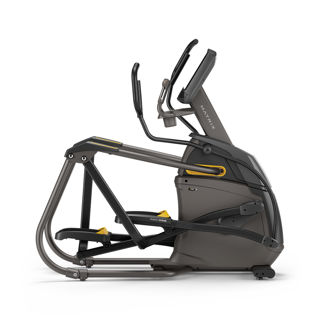 Side profile of Matrix A50 Ascent Trainer with XUR touchscreen console showing incline motion system and durable frame design