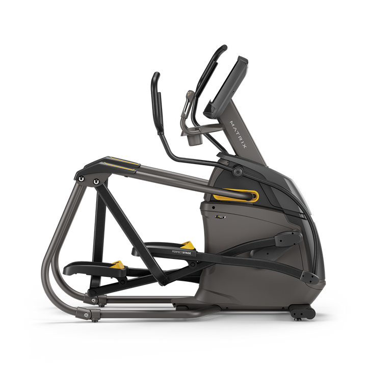 Side profile of Matrix A50 Ascent Trainer with XUR touchscreen console showing incline motion system and durable frame design