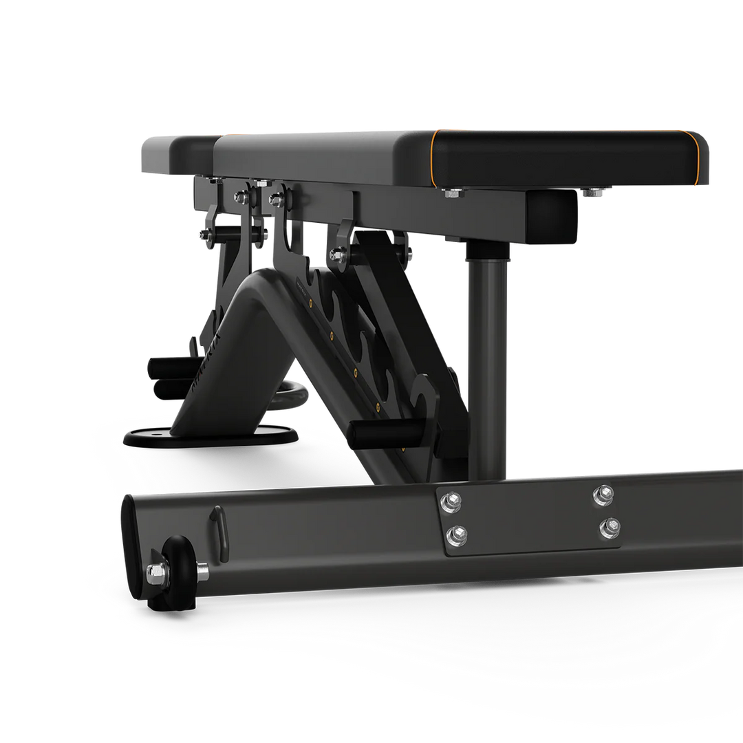 Back angle view of Matrix adjustable weight bench showing multi position backrest and sturdy frame for strength training workouts