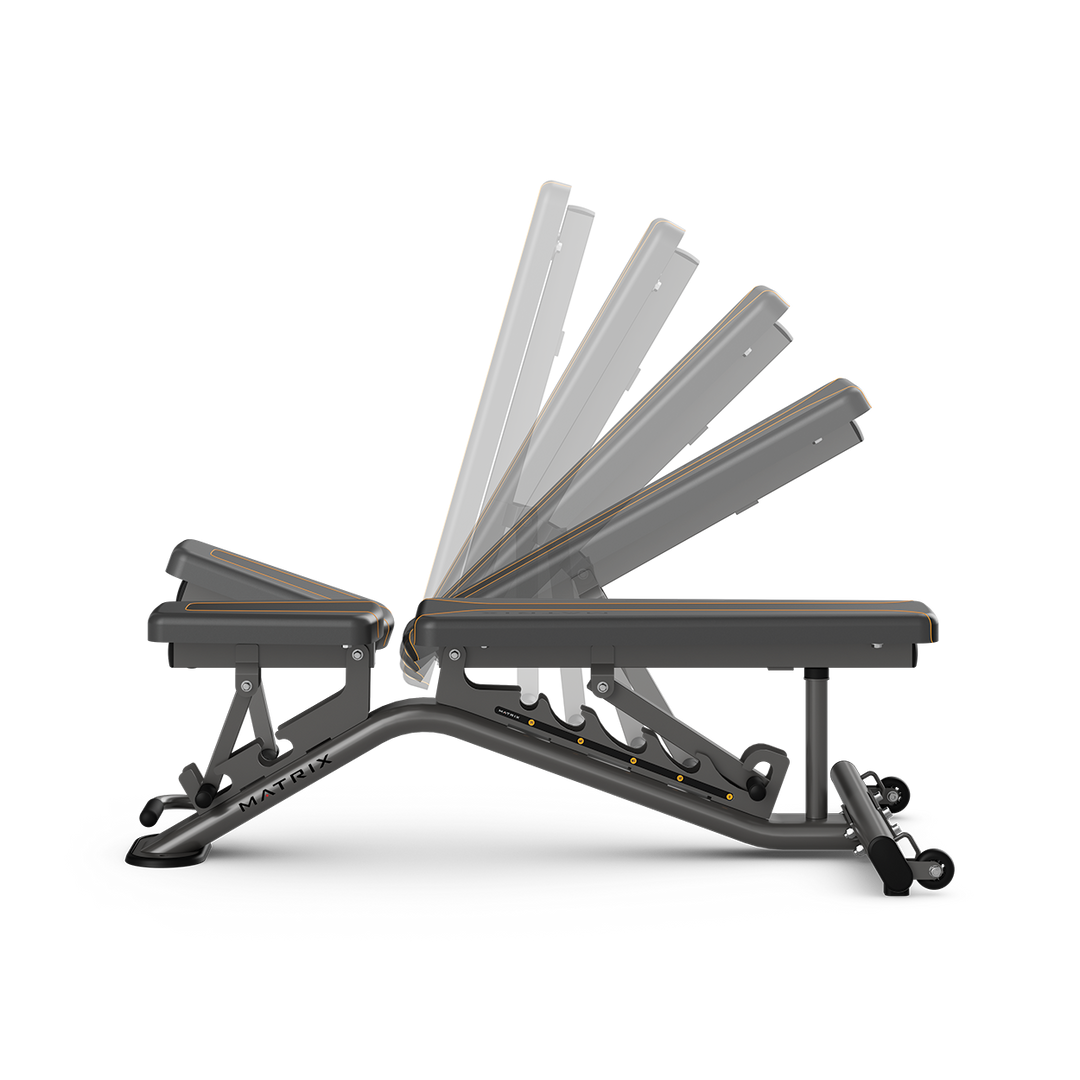 Side profile of Matrix adjustable weight bench showing multi position backrest and sturdy frame for strength training workouts