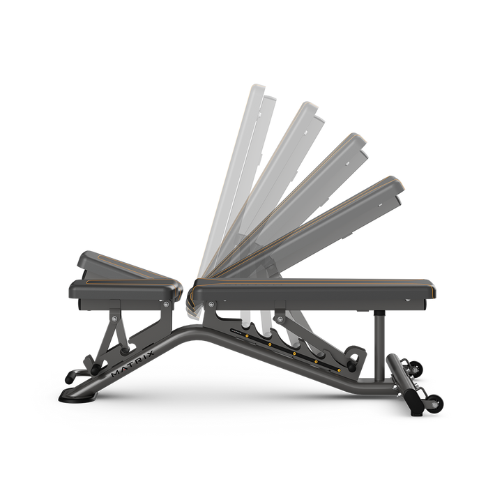 Side profile of Matrix adjustable weight bench showing multi position backrest and sturdy frame for strength training workouts