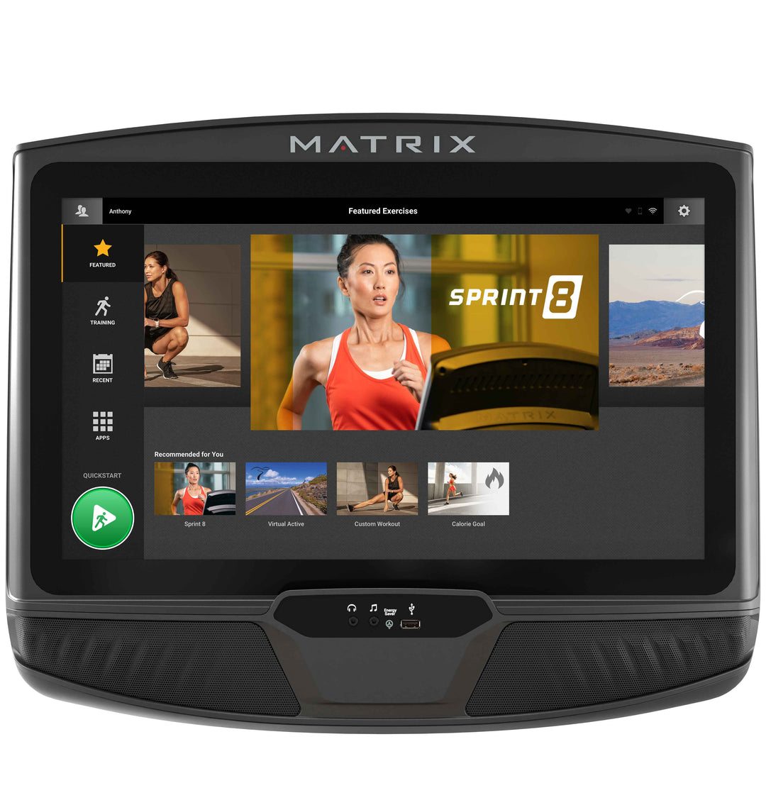 Front view of Matrix XUR console displaying Go Screen interface with workout metrics and intuitive navigation controls