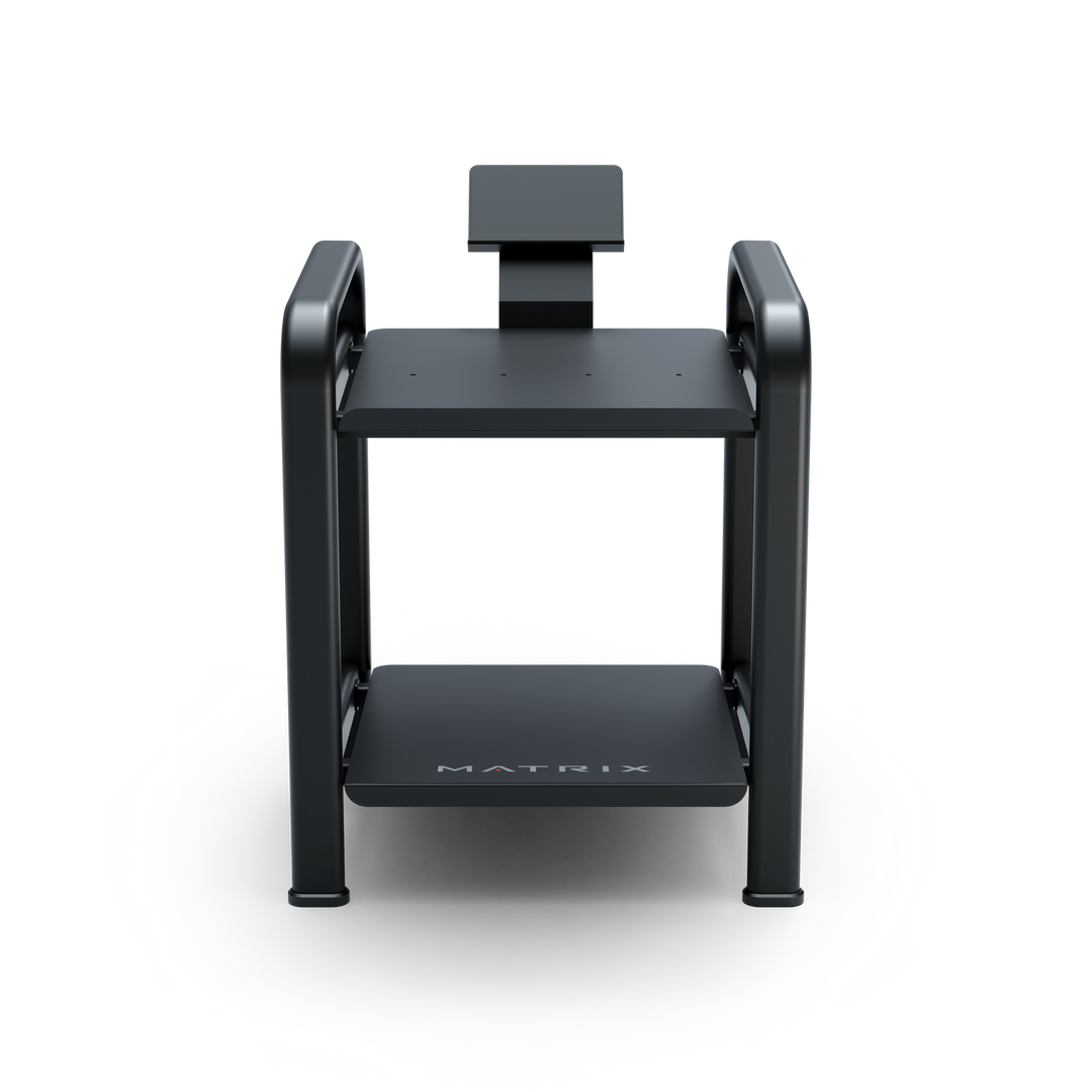 Front view of Matrix dumbbell storage rack showing multi tier design for organized free weight storage in gym setup