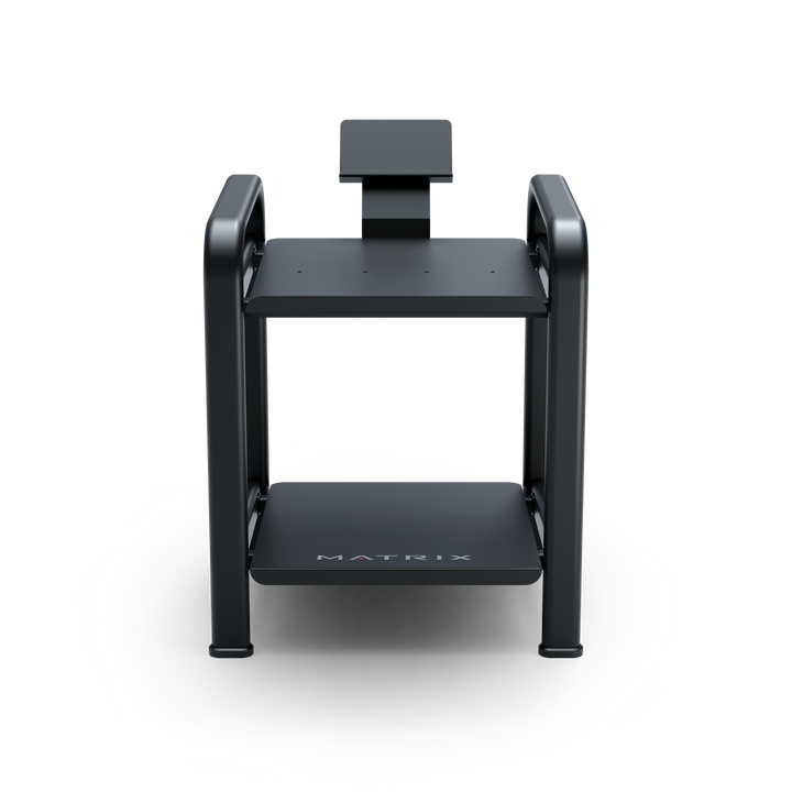 Front view of Matrix dumbbell storage rack showing multi tier design for organized free weight storage in gym setup
