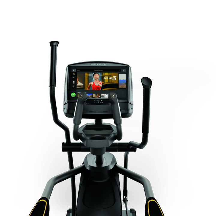 Front view of Matrix E30 elliptical with XIR touchscreen console showing workout programs and ergonomic handlebar design