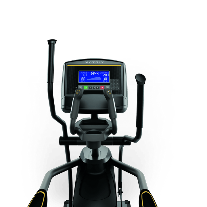Front view of Matrix E30 elliptical with XR LED console showing workout metrics and ergonomic handlebar design for home cardio use
