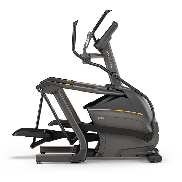 Side profile of Matrix E30 elliptical with XER console showing compact frame and smooth stride for home cardio workouts