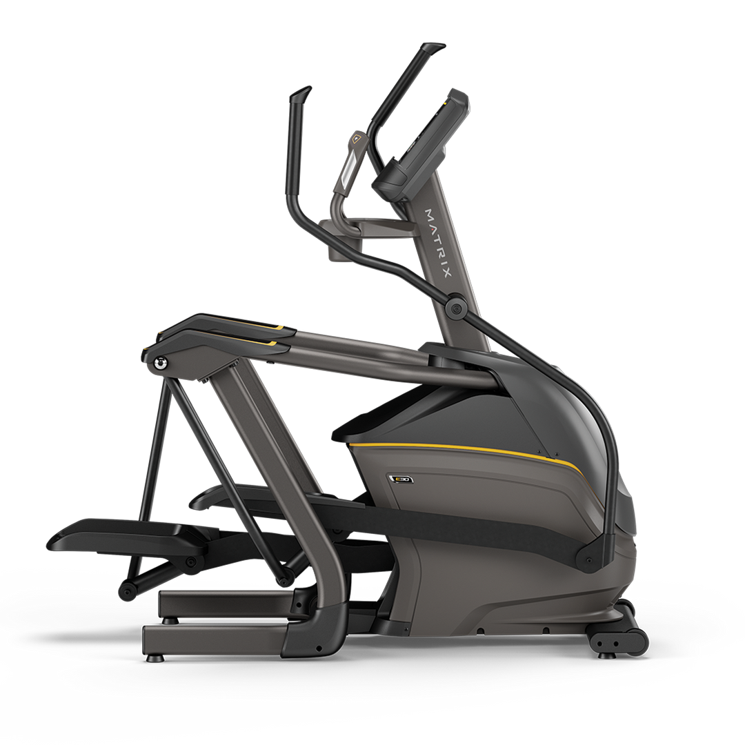 Side profile of Matrix E30 elliptical with XR console showing compact frame and smooth stride for home cardio workouts