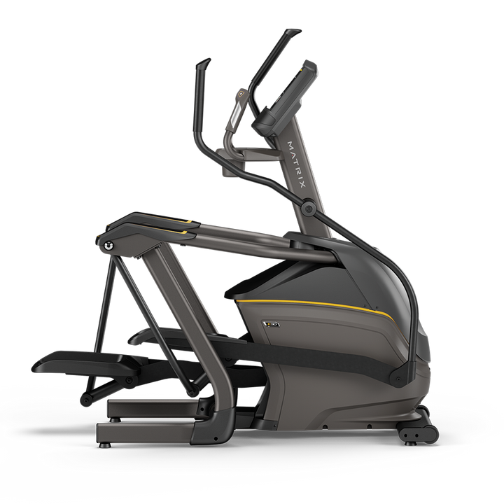Side profile of Matrix E30 elliptical with XR console showing compact frame and smooth stride for home cardio workouts