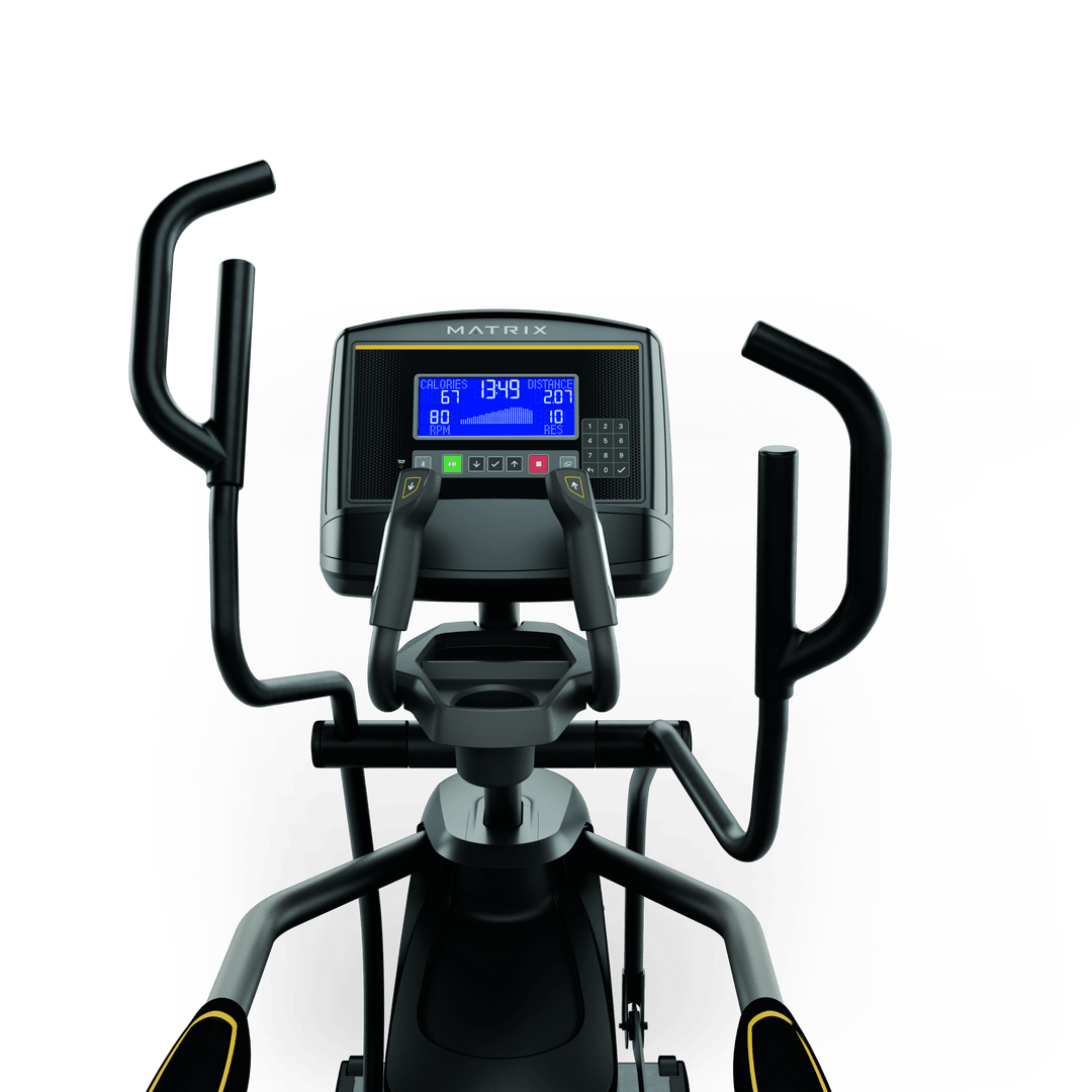 Front view of Matrix E50 elliptical with XR LED console showing workout metrics and ergonomic handlebar design