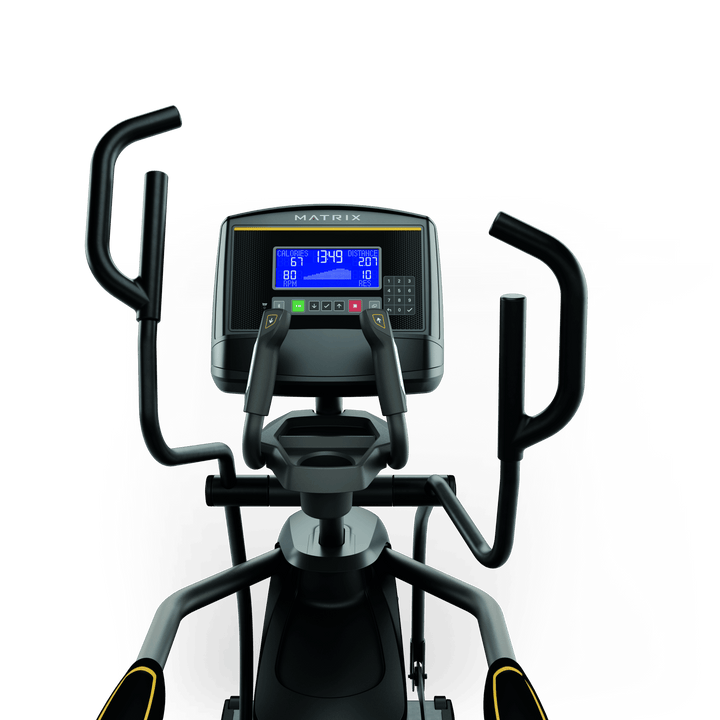 Front view of Matrix E50 elliptical with XR LED console showing workout metrics and ergonomic handlebar design