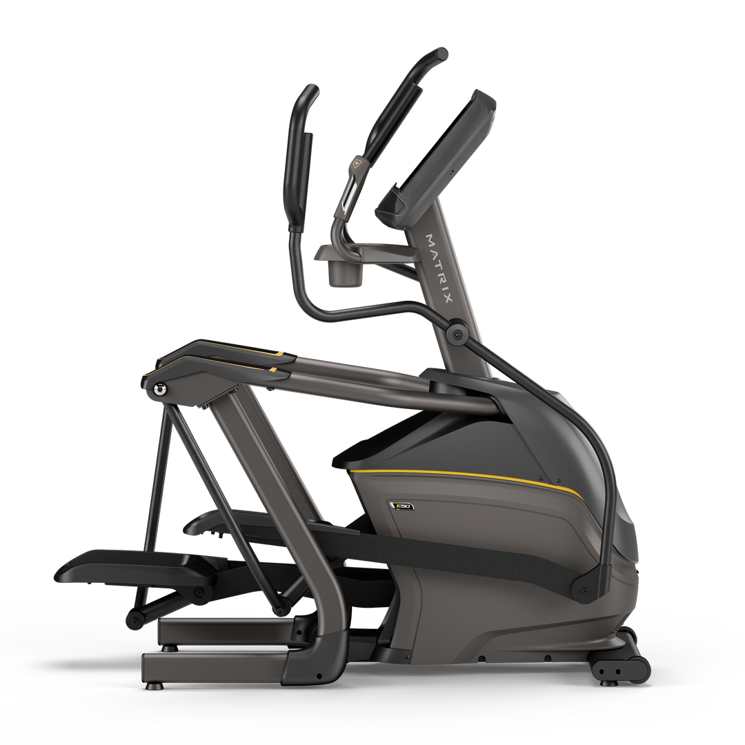 Side profile of Matrix E50 elliptical with XUR touchscreen console and smooth stride design for home cardio workouts