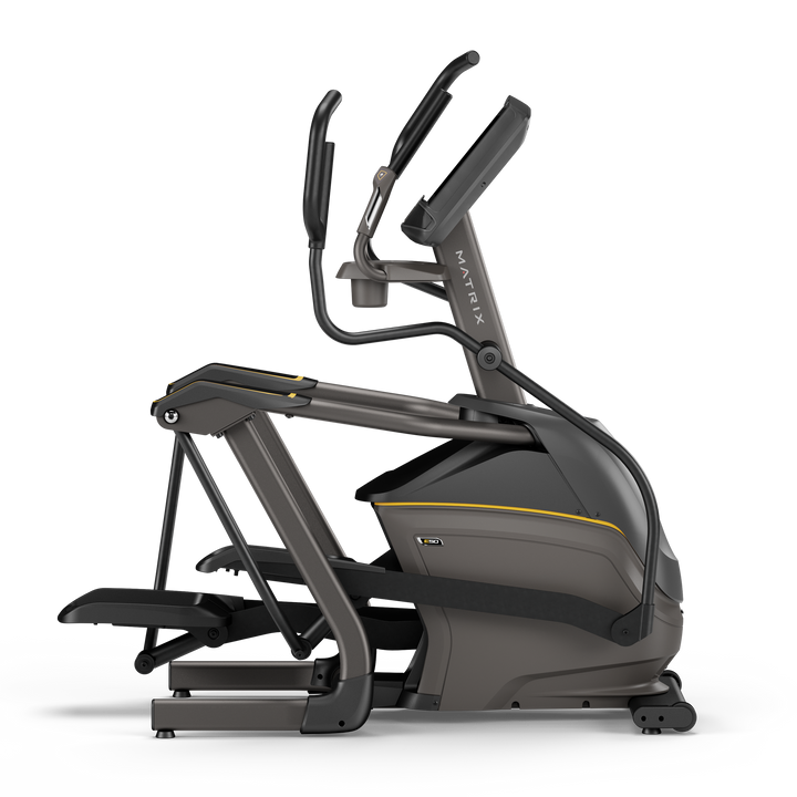 Side profile of Matrix E50 elliptical with XUR touchscreen console and smooth stride design for home cardio workouts