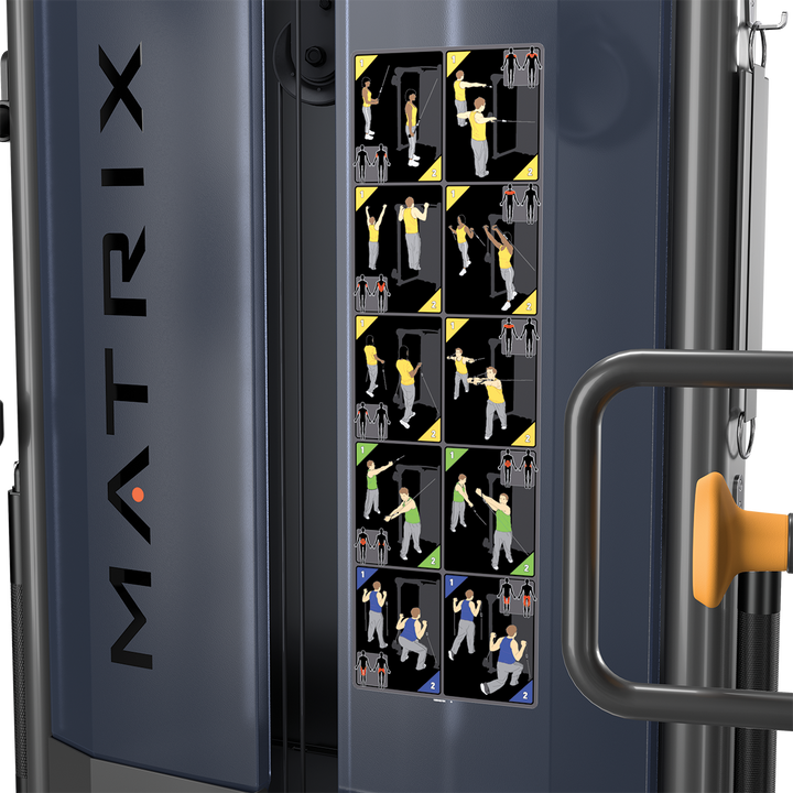Matrix functional trainer detail placard showing specifications, features, and usage information for strength training equipment
