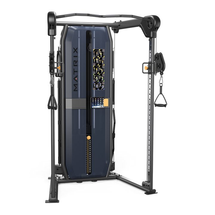 Matrix functional trainer with dual adjustable pulleys and weight stacks for versatile full body strength training workouts