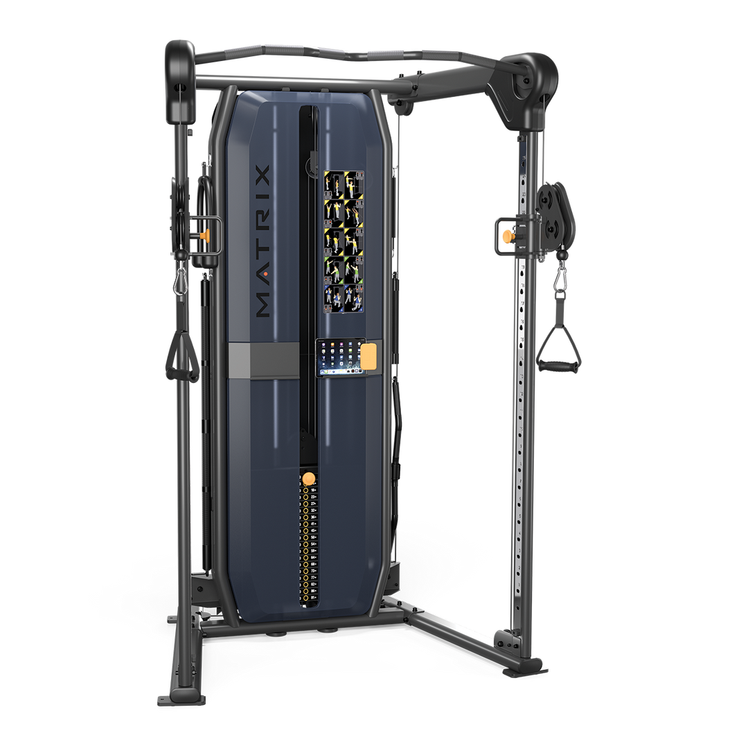 Matrix functional trainer with dual adjustable pulleys and weight stacks for versatile full body strength training workouts