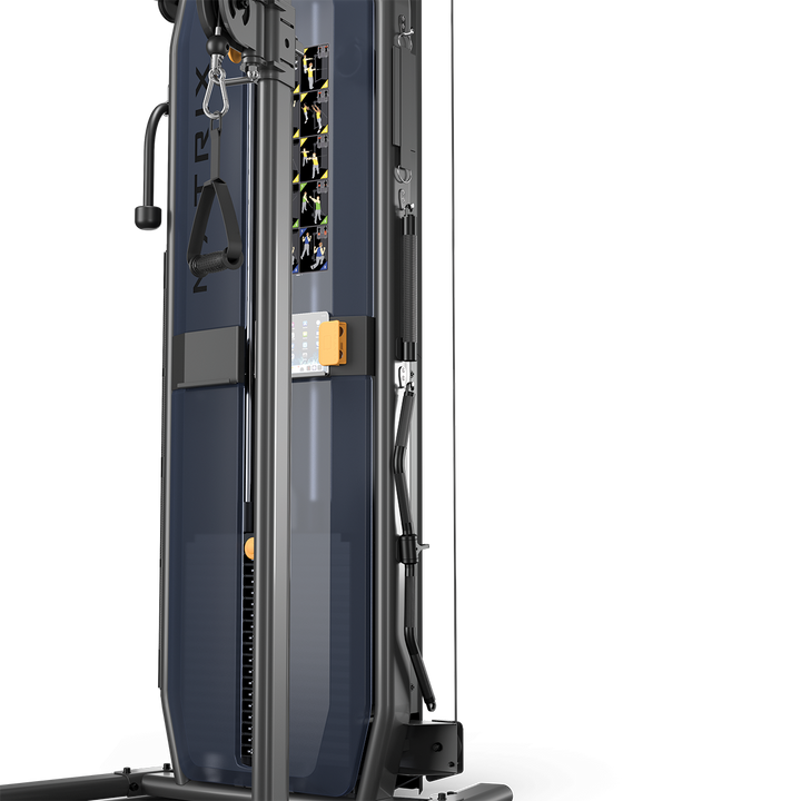 Matrix functional trainer front angle close up showing dual adjustable pulleys and cable system for strength training