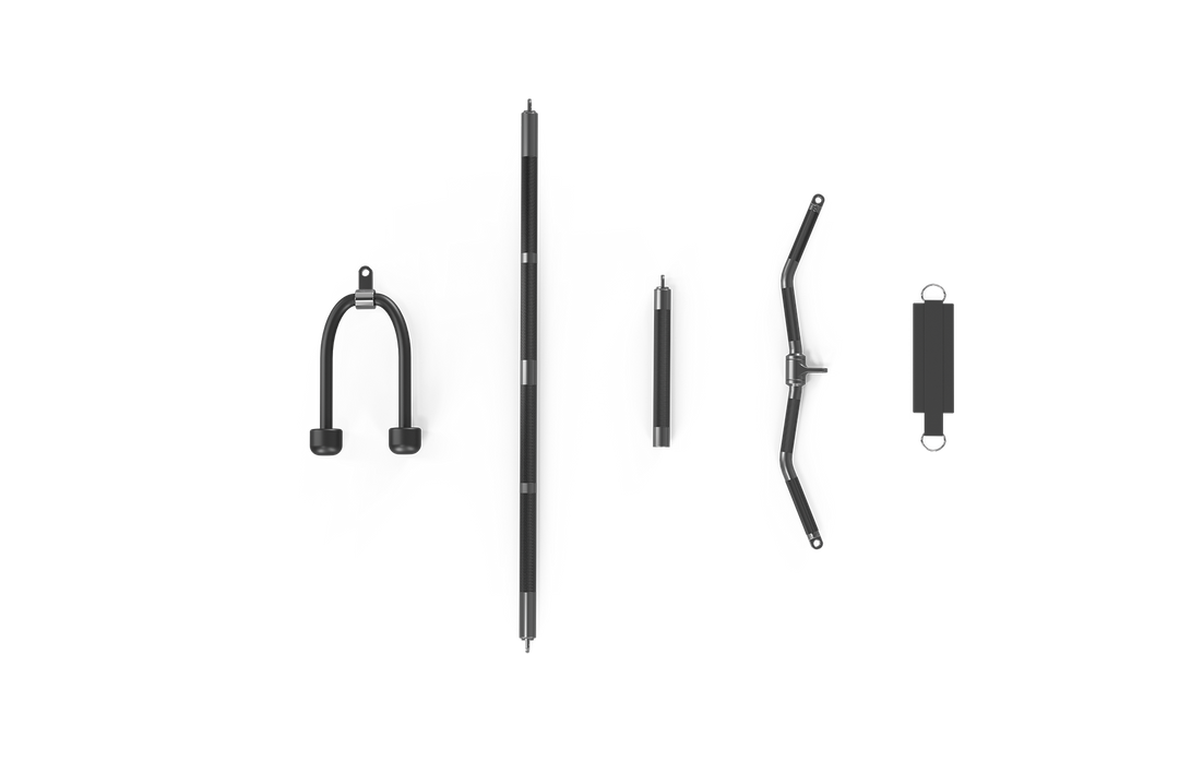 Matrix functional trainer handle package including cable attachments for varied upper and lower body strength training exercises