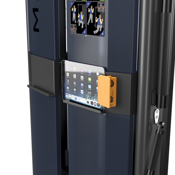 Matrix functional trainer tablet holder showing mounted device for guided workouts and digital training interface