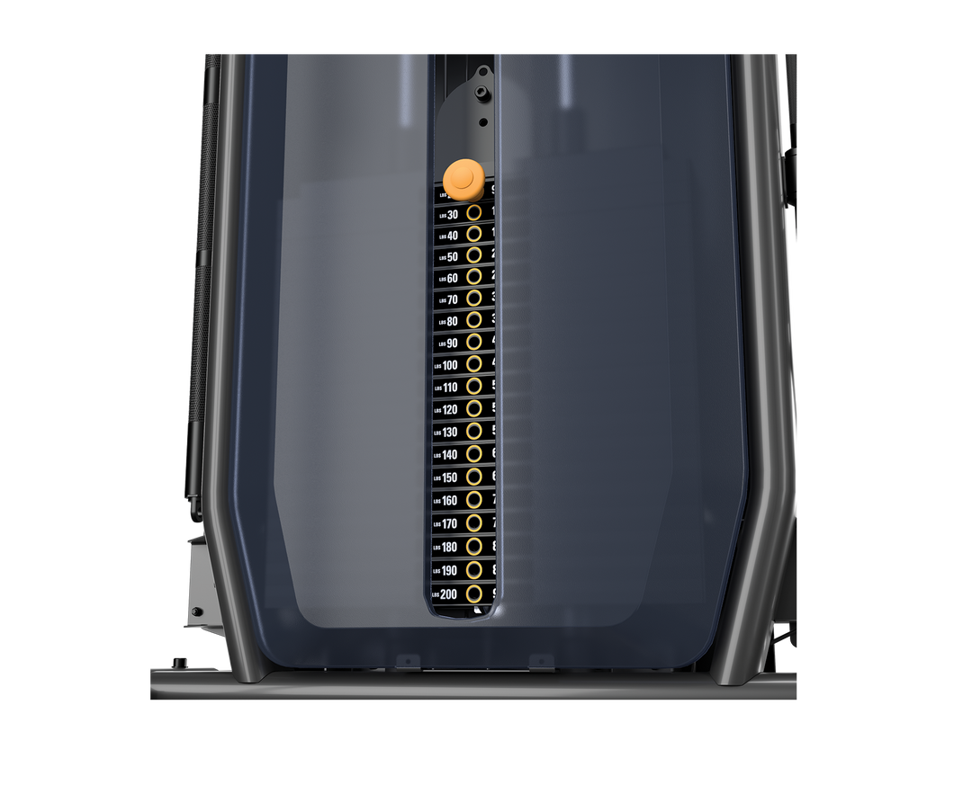 Matrix functional trainer weight stack with selector pin and labeled plates for controlled resistance strength training