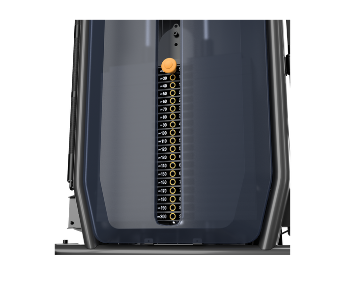 Matrix functional trainer weight stack with selector pin and labeled plates for controlled resistance strength training