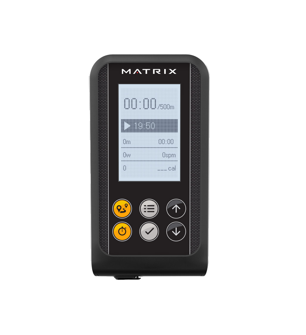 Backlit LCD console for the Matrix rowing machine with workout metrics.
