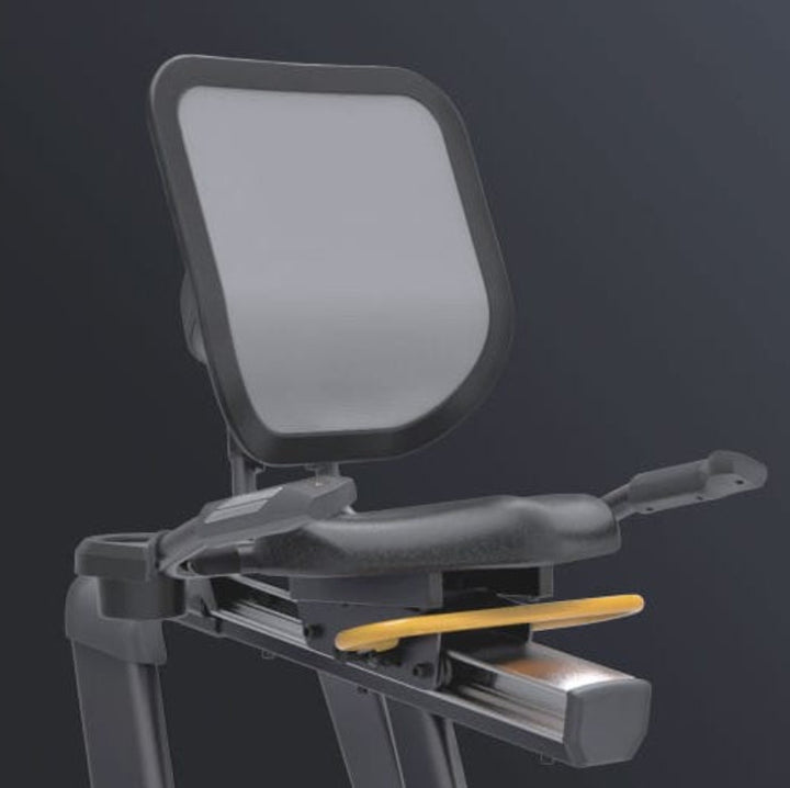 Matrix R30 recumbent bike mesh seat back with breathable support design for comfortable low impact cardio workouts