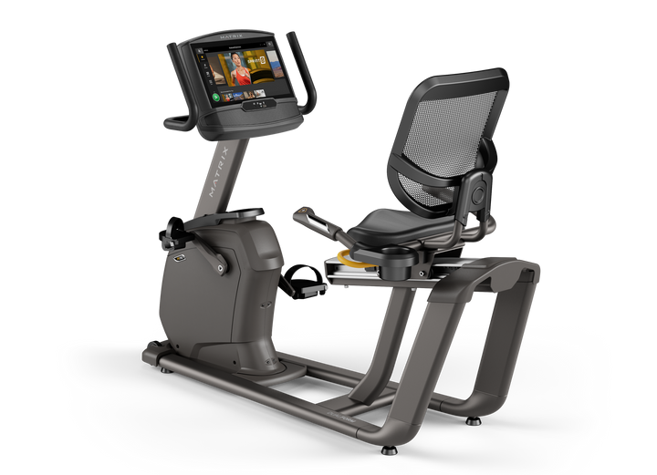 Matrix R30 recumbent bike with XIR touchscreen console, ergonomic seat, and low impact pedaling for home cardio workouts