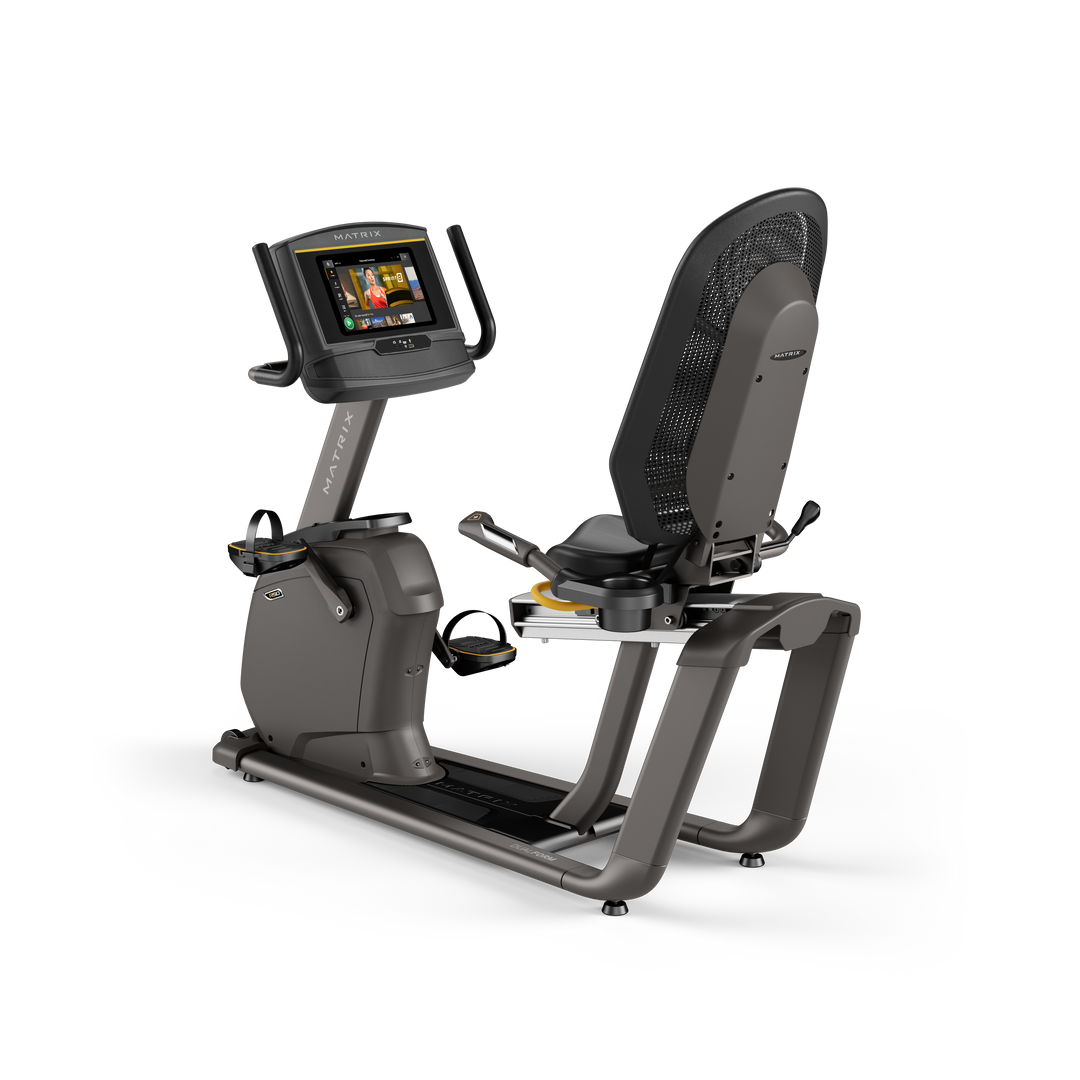 Matrix R50 recumbent bike with XER console, ergonomic seat, and smooth low impact pedaling for home cardio workouts