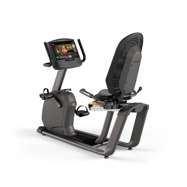 Matrix R50 recumbent bike with XIR touchscreen console, ergonomic seat, and smooth low impact pedaling for home cardio workouts