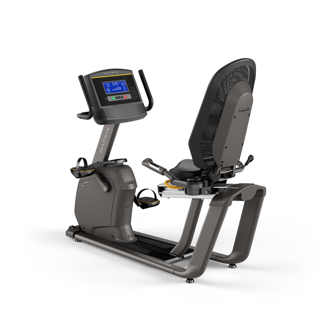 Matrix R50 recumbent bike with XR LED console, ergonomic seat, and smooth low impact pedaling for home cardio workouts