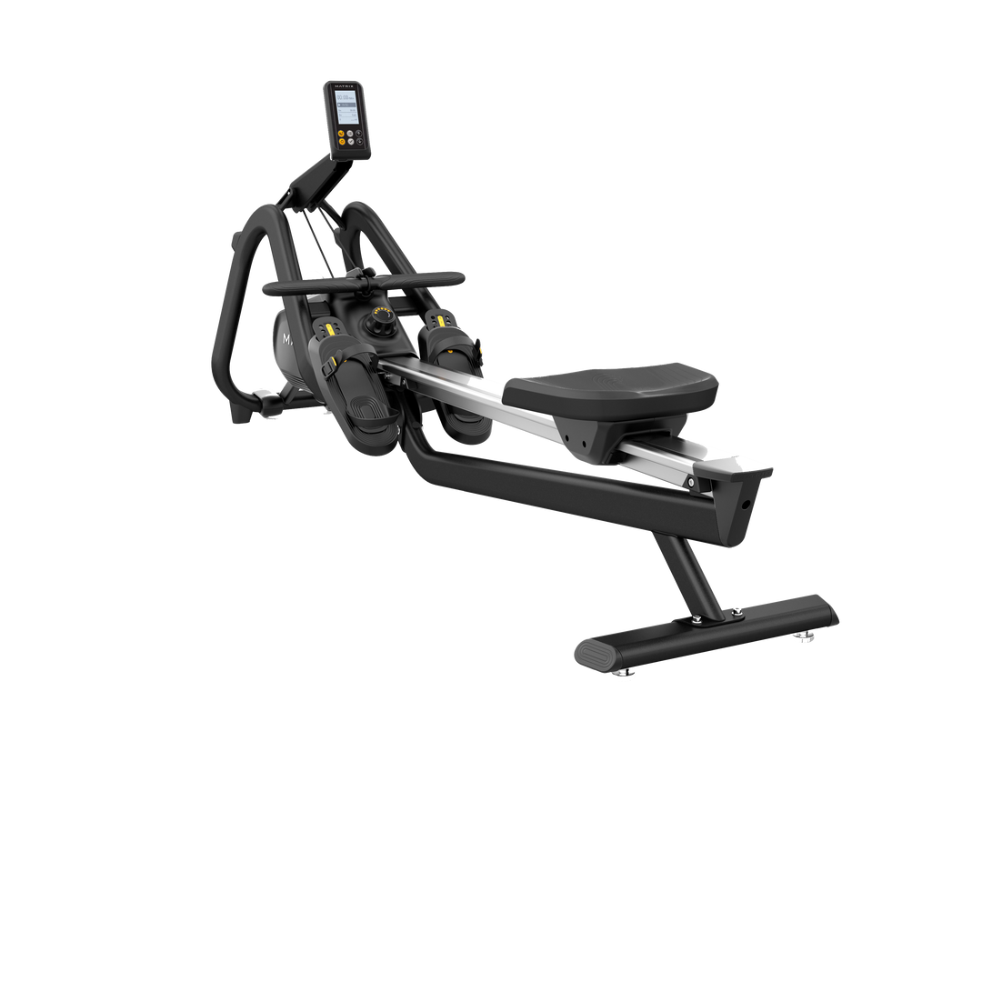 Angled view of the Matrix magnetic rowing machine with aluminum monorail.
